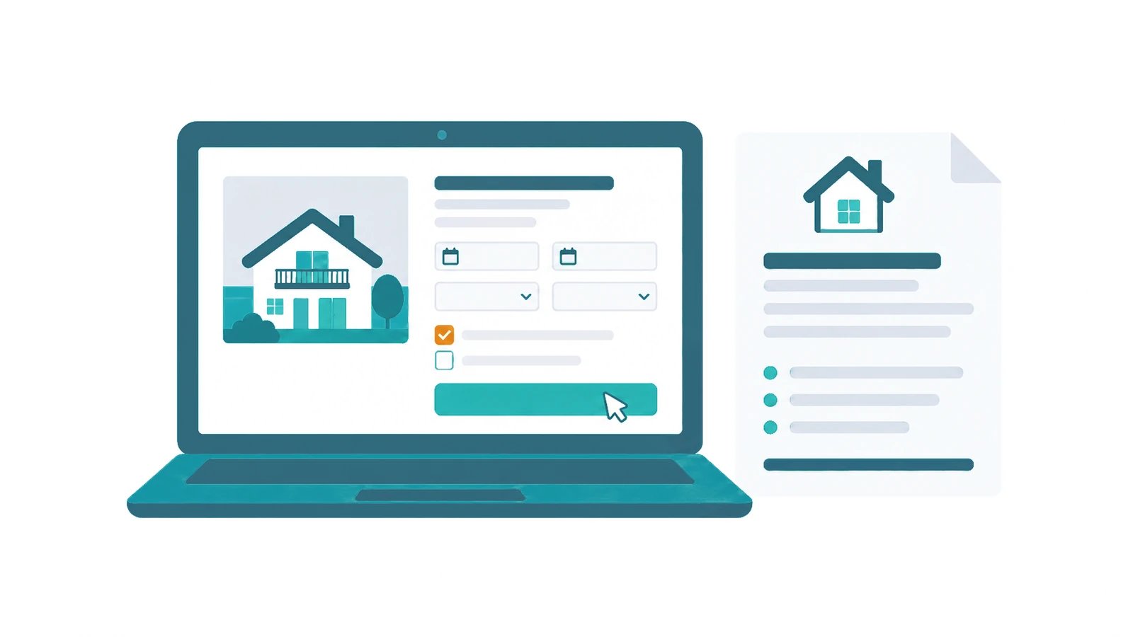 Illustration: laptop with a booking form and a ticked checkbox next to a document
